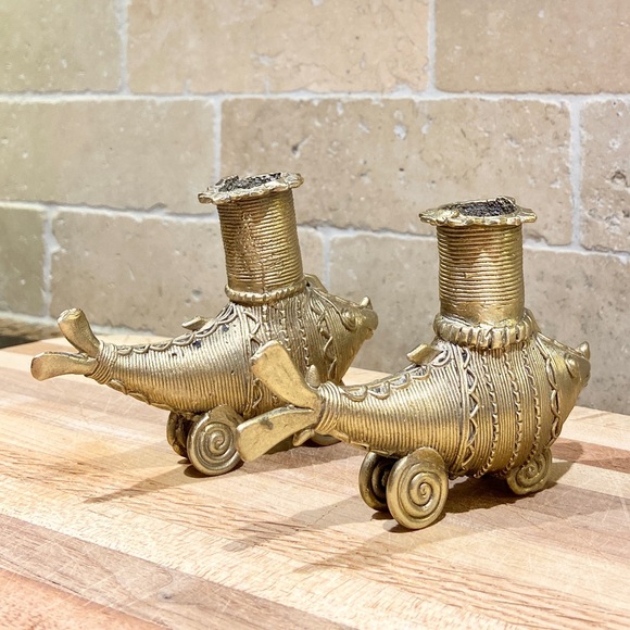 Candle Stand / Holder - Brass Dhokra Fish Shape - Vintage - Handmade Set of 2 - Picture 8 of 9